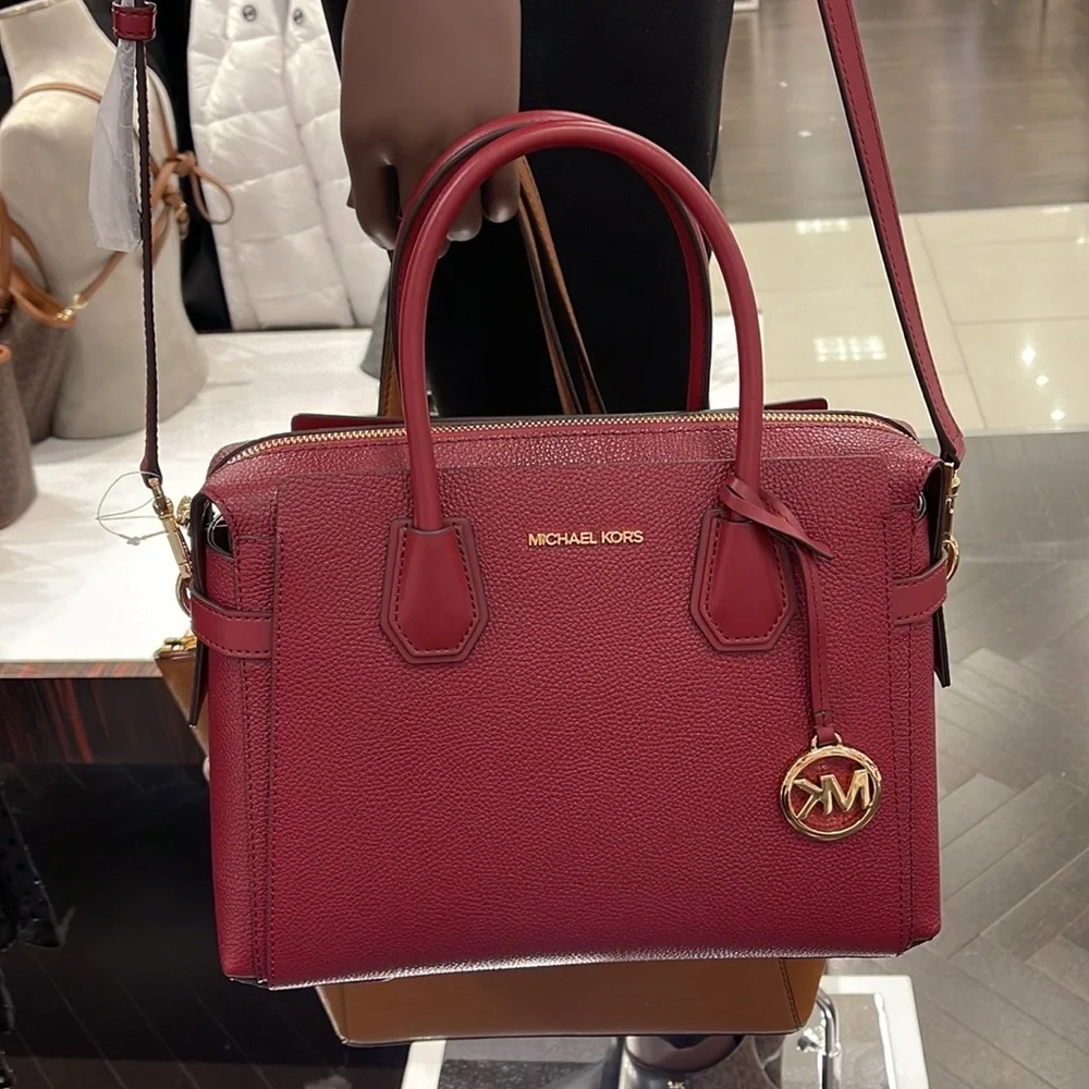 MICHAEL KORS Mercer Medium Two-Tone Pebbled Leather Belted Satchel Mulberry